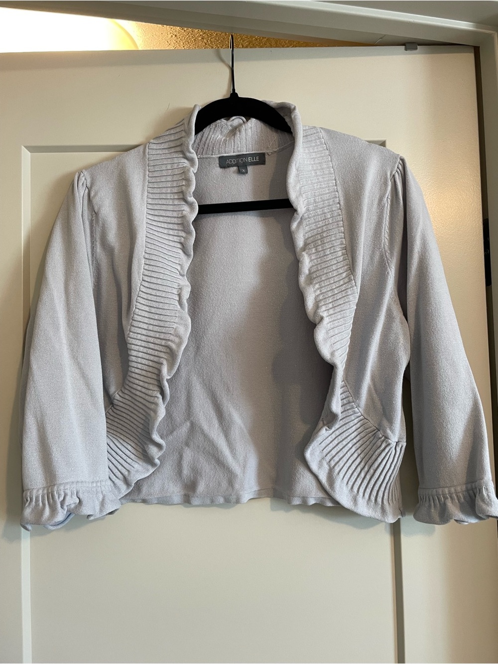 Addition Elle Light Gray Ruffle-Trim Open Front Cardigan
